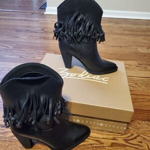 Zodiac Black Heeled Fringe Boots